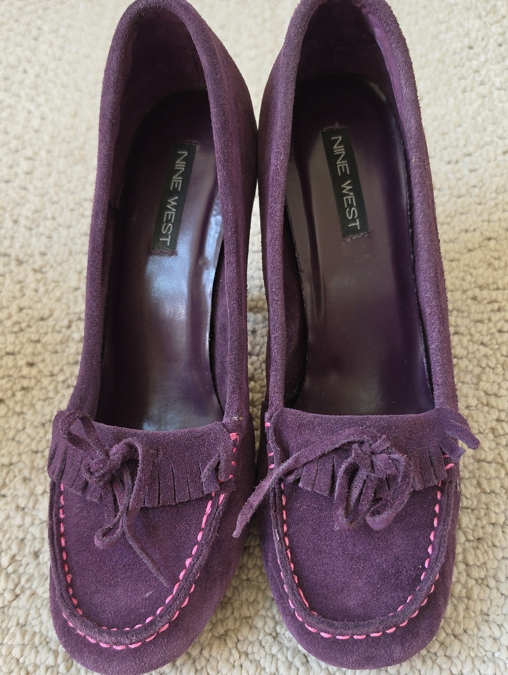 Nine West Plum Suede Fringe Loafers with Pink Stitching